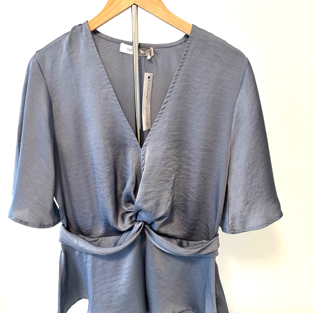 NWT bishop + young Women’s Medium Slate Blue Knot-Front Blouse